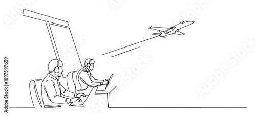 air traffic controllers monitoring aircraft – outline aviation control illustration