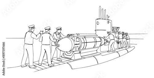 sailors transporting torpedo on deck – outline submarine operations graphic