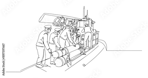 naval personnel loading torpedo into submarine – outline warfare illustration
