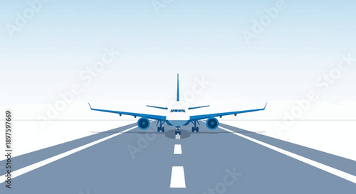Commercial Airplane Front View On Tarmac Ready For Takeoff Or Landing