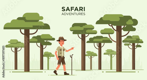 Cartoon Safari Explorer Walking Through Lush Forest Trees