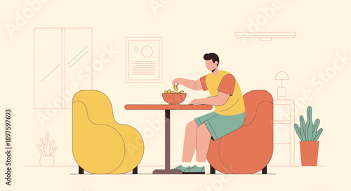 Casual Interior Scene Of A Man Enjoying Snacks In A Comfortable Living Space