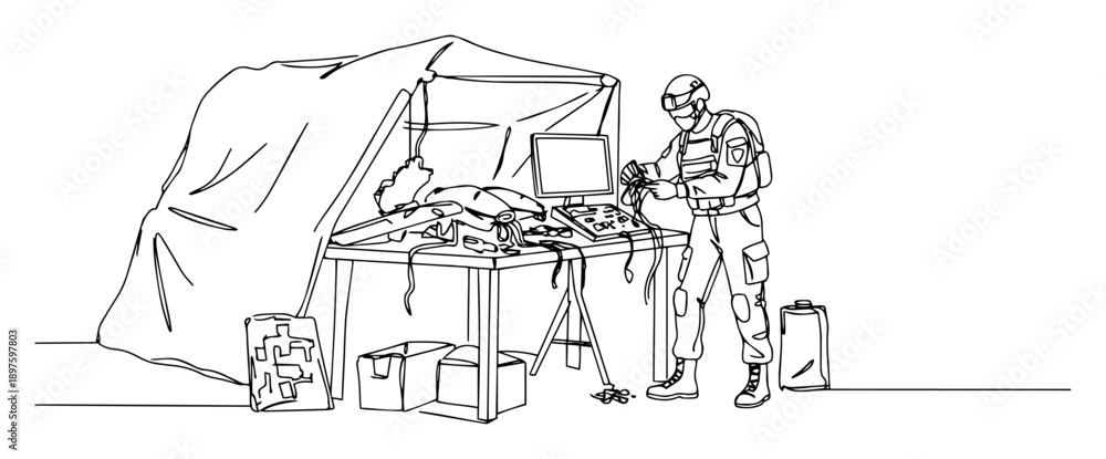 Fototapeta premium drone control station in military field tent – outline mobile command unit