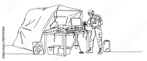 drone control station in military field tent – outline mobile command unit