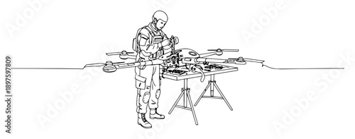 soldier assembling drone before mission – outline military tech setup