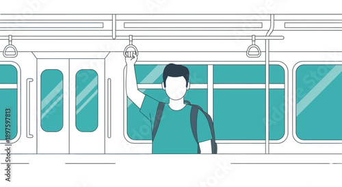 Commuter Traveling Inside Public Transit Train Holding Handle With Backpack