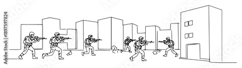 soldiers running through city during urban assault – outline combat scene