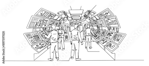submarine control room with full crew – outline naval technology interior