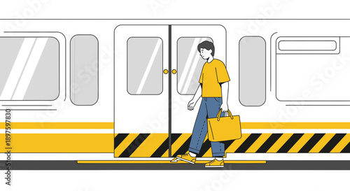 Commuter With Yellow Bag Exits Train Doors At Station Platform
