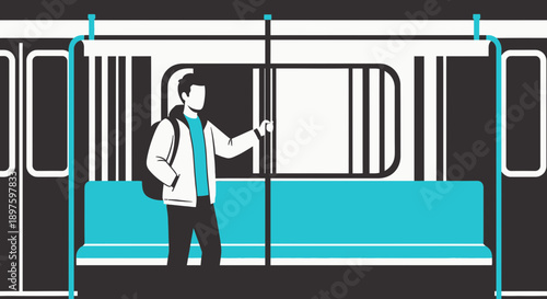 Commuter With Backpack On Public Transportation Holding Onto Handrail During Travel