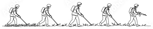 soldier scanning ground with metal detector – outline demining operation