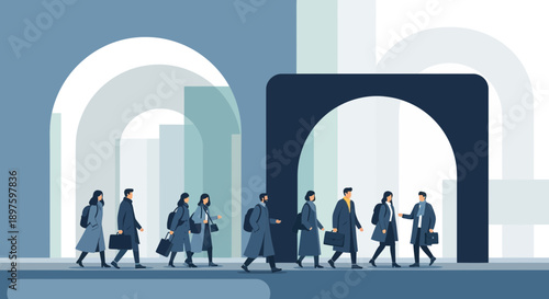 Commuters Navigate Urban Architecture In A Stylized Flat Design