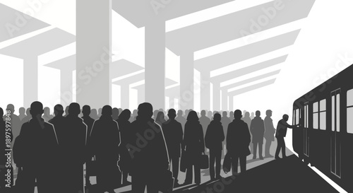 Commuters Wait For Train On Busy Platform In Stylized Illustration