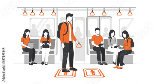 Commuters On Public Transportation Riding A Train Illustration Flat Design