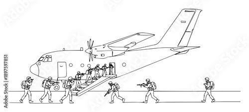 soldiers boarding military aircraft – outline deployment scene