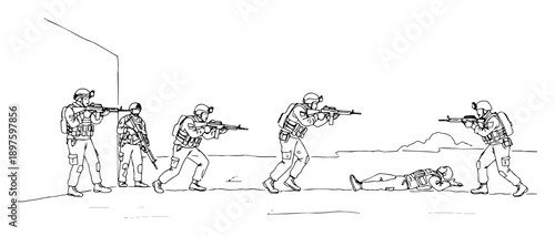 soldiers clearing building in tactical rescue mission – outline military graphic