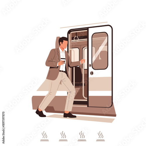 Commuting Businessman Exits Modern Train With Coffee Cup On White Background