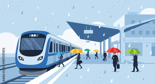 Commuters With Umbrellas Boarding A Train Station During A Rainy Day Scene