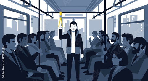 Commuting Crowd On Public Transport With One Person Standing Tall