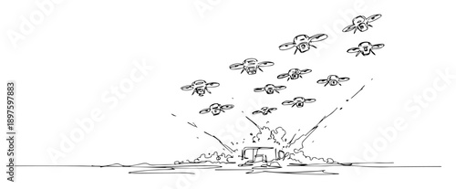 drone swarm strike hitting vehicle – outline modern warfare concept