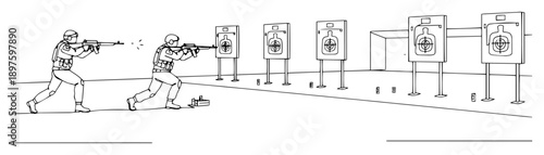 soldiers shooting at targets during drill – outline firearms training scene