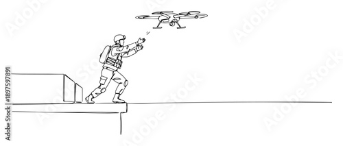 soldier throwing drone from rooftop – outline tactical deployment