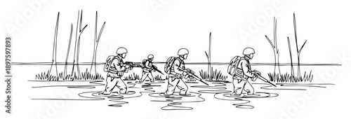 soldiers patrolling through swamp – outline jungle warfare scene