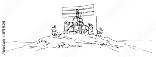soldiers setting up radar on hill – outline surveillance installation