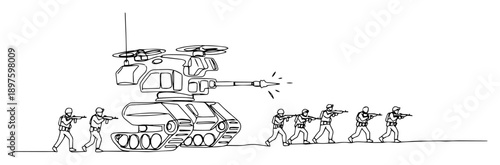 infantry advancing alongside autonomous tank – outline military tech scene