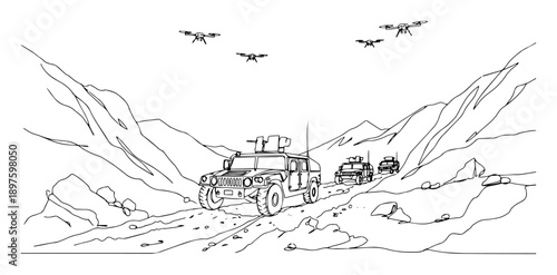 armored convoy with drones in mountain terrain – outline tactical patrol