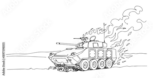 damaged armored vehicle in battlefield – outline military destruction
