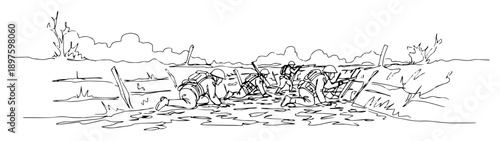 soldiers resting in trench after combat – outline battlefield recovery