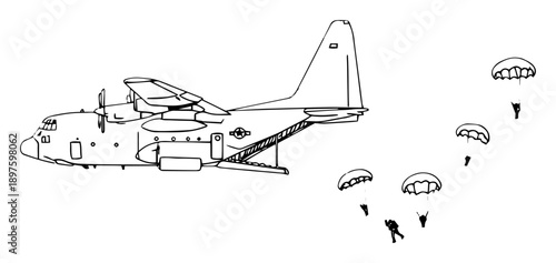 paratroopers jumping from military transport aircraft – outline airborne operation
