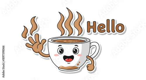 Playful illustrated coffee cup greets viewers with steam and a friendly wave.
