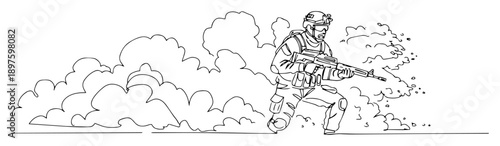 soldier advancing under smoke cover – outline battlefield movement