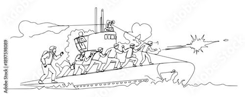 soldiers disembarking submarine under fire – outline naval landing operation