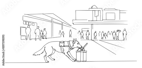 bomb detection dog sniffing luggage at station – outline security inspection