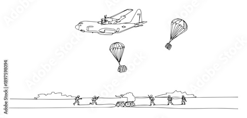 soldiers retrieving cargo dropped by parachute – outline supply operation