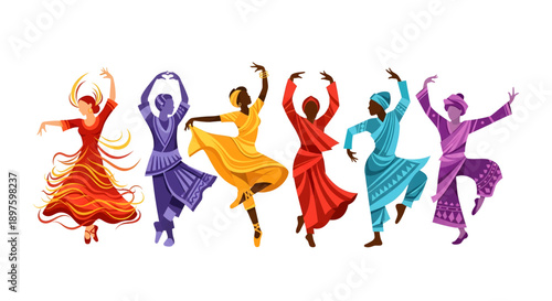 Colorful Traditional Dance Illustration Featuring Diverse Dancers in Flowing Costumes Expressing Culture, Rhythm, Joy, and Movement
