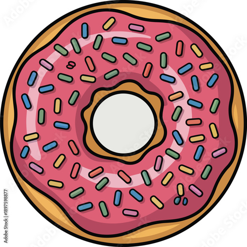 Donut Delight: A delicious, colorful donut, boasting a vibrant pink frosting and playful sprinkles, a tempting treat to satisfy any sweet craving.