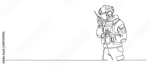 standing soldier with radio device outline vector