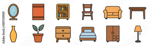 Collection of colorful home furniture icons including a bed, chair, table, lamp, and wardrobe, presented in a simple flat line art style for interior design concepts