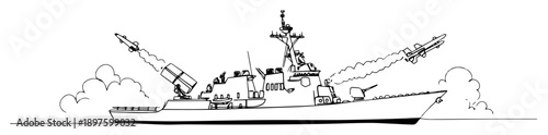 navy warship launching missiles outline vector