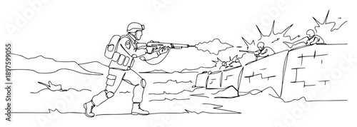soldier firing rifle behind cover outline drawing