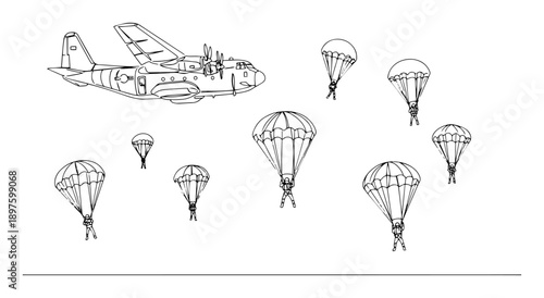 airdrop operation with paratroopers vector outline