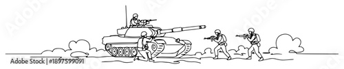 tank with infantry advancing in formation vector