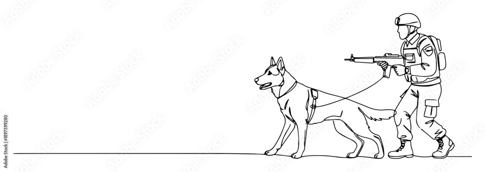 Obraz premium military dog handler patrolling with weapon monoline