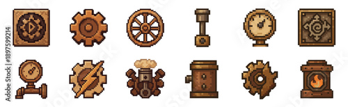 Collection of steampunk pixel art icons featuring various gears, cogs, gauges, and mechanical parts, a detailed asset set for a retro video game with an industrial aesthetic