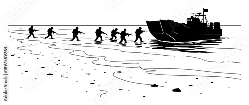black silhouette troops landing on shore vector