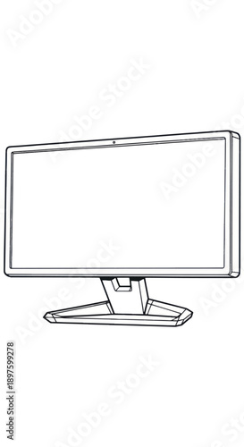 Minimalist line drawing of a computer monitor on a stand with a clean desktop setup.